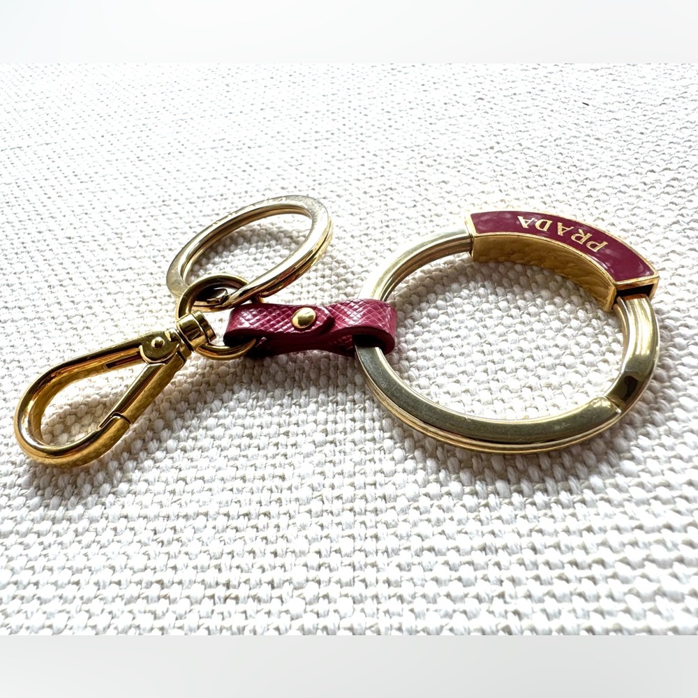 PRADA Pink Enamel Logo Keychain Bag Charm Gold Tone - Picture 2 of 5